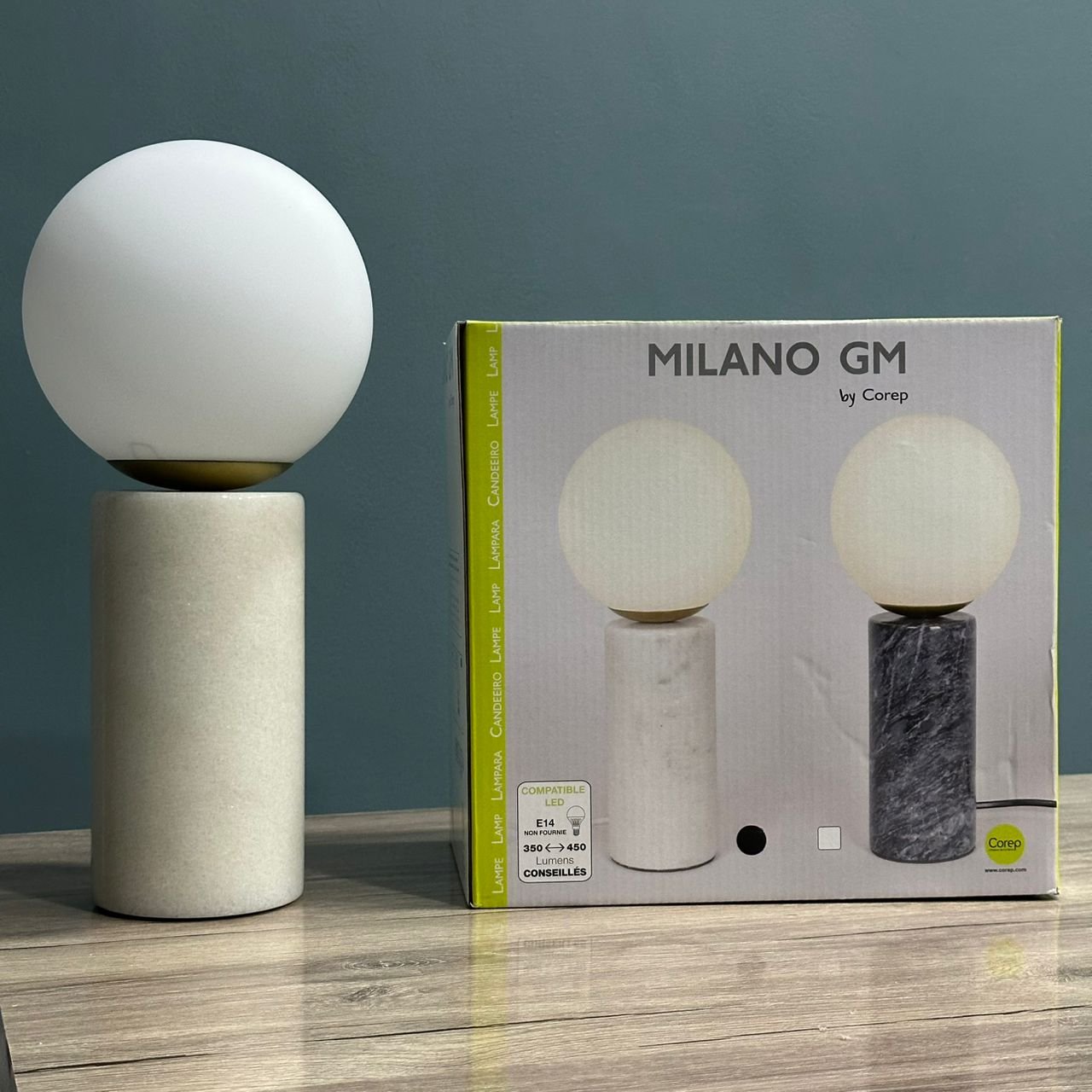 LAMPE DE TABLE NUIT VEILLEUSE EN MARBRE MILANO GM BY COREP LUMINAIRE FORME BOULE REF 91839 WHITE BLANC